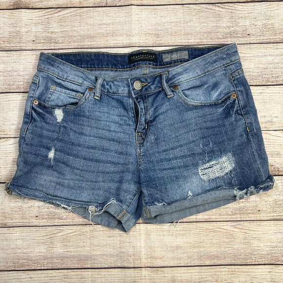 Aeropostale Distressed Blue Denim Midi‎ Shorts Women's Size 8 Ripped Frayed - Picture 1 of 8